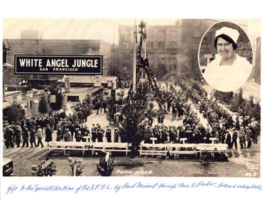 1935 White Angel Jungle soup kitchen located on the Embarcadero near Filbert street with inset of the White Angel Lois Jordan AAK-0597.jpg