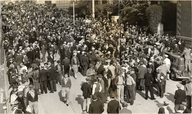 Striking machinists outside the Bethlehem Steel Company plant at 20th and Illinois streets May 12 1941 AAD-5517.jpg