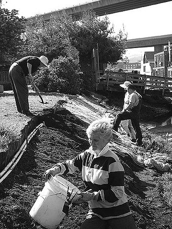 Neighbors work on creek bank--Photo: Mike Wang